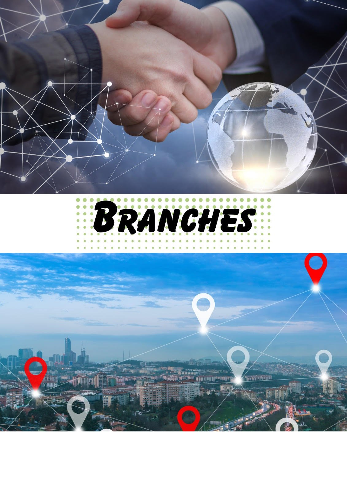 Handshake and map pins representing tuition centre branches