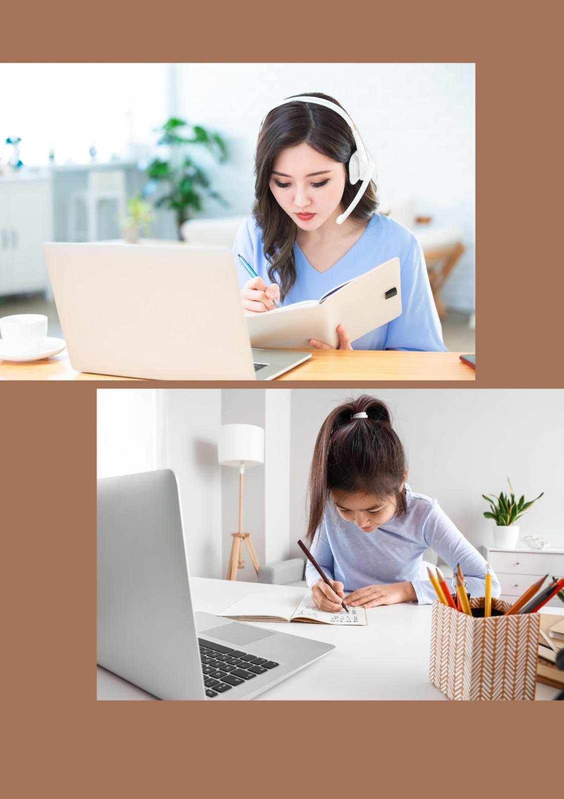 Students studying online with laptops and headphones