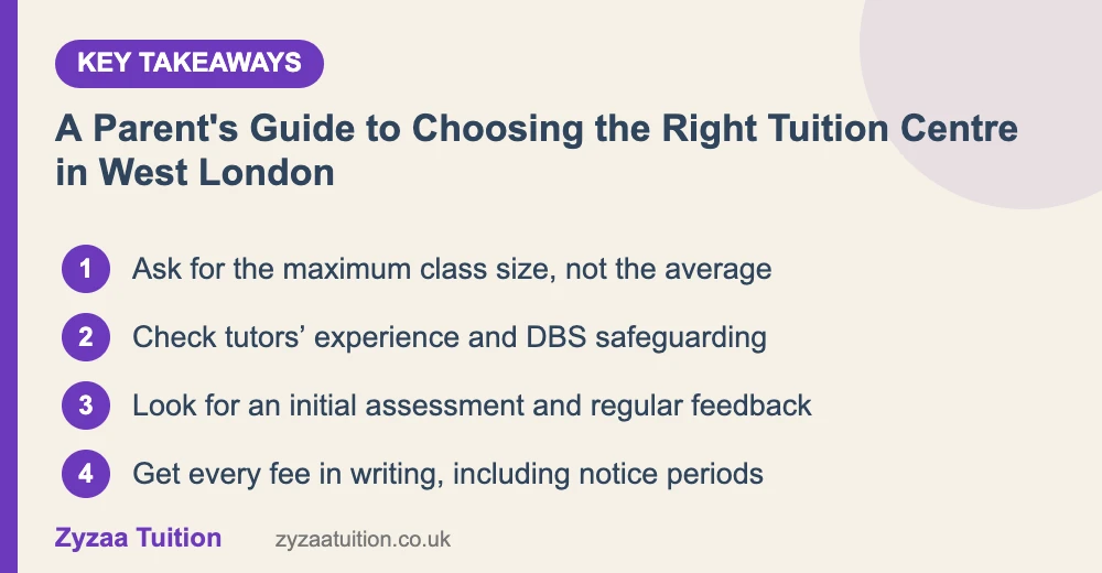Key takeaways: Ask for the maximum class size, not the average; Check tutors’ experience and DBS safeguarding; Look for an initial assessment and regular feedback; Get every fee in writing, including notice periods