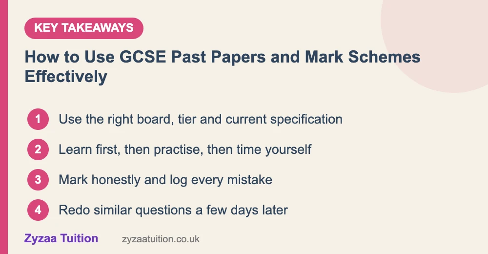 Key takeaways: Use the right board, tier and current specification; Learn first, then practise, then time yourself; Mark honestly and log every mistake; Redo similar questions a few days later
