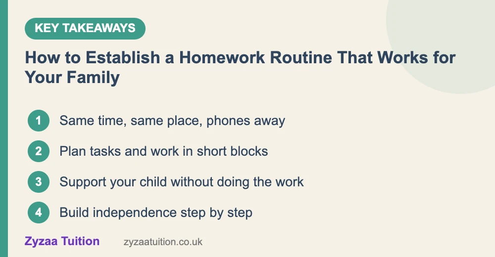 Key takeaways: Same time, same place, phones away; Plan tasks and work in short blocks; Support your child without doing the work; Build independence step by step