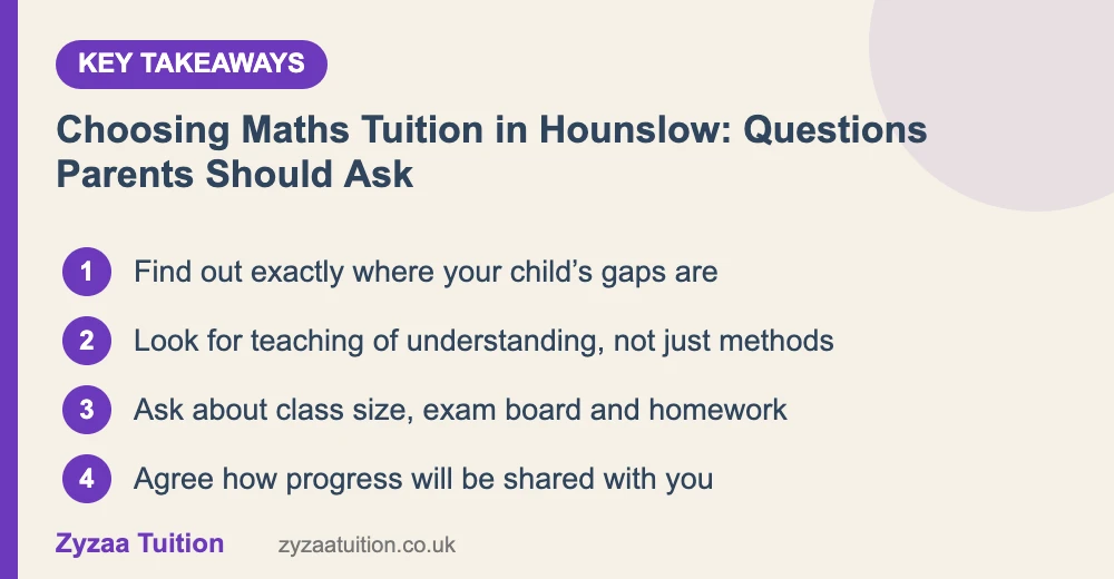 Key takeaways: Find out exactly where your child’s gaps are; Look for teaching of understanding, not just methods; Ask about class size, exam board and homework; Agree how progress will be shared with you